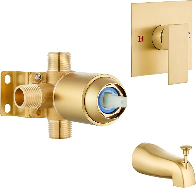 Airuida Shower Faucet Set – Square Shower Valve Trim Kit with Pull-up Tub Spout,Single Handle Wall-Mounted Bathtub Faucet,Solid Brass Rough-in Mixer Valve,Brushed Gold by Airuida