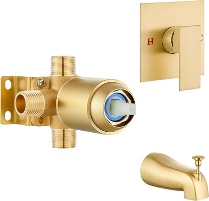 Airuida Shower Faucet Set – Square Shower Valve Trim Kit with Pull-up Tub Spout,Single Handle Wall-Mounted Bathtub Faucet,Solid Brass Rough-in Mixer Valve,Brushed Gold by Airuida