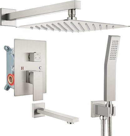 gotonovo Shower System with Tub Spout Wall Mounted Rain Shower Head and Handle Combo Shower Faucet Set with Valve, 10 Inch, Brushed Nickel by HOME