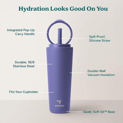 REDUCE Halo 24 oz Stainless Steel Vacuum Insulated Tumbler - Spill Proof Travel Mug with Flip Handle Lid - Keeps Drinks Cold for 32 Hrs - Dishwasher Safe - Cupholder Friendly - Future Dusk - Image 4