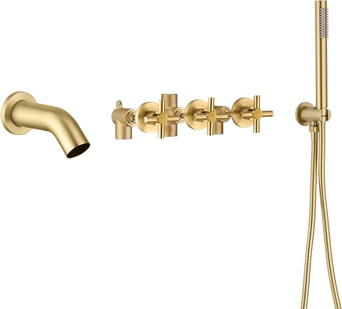 SUMERAIN Waterfall Wall Mount Tub Faucet with Hand Shower Sprayer, 3 Handle Tub Shower Faucet with Rough in Valve Brushed Gold Finish by SUMERAINFAUCETS