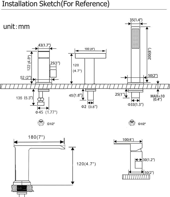 Roman Tub Faucet with Hand Shower, Deck Mount 3 Hole Bath Tub Faucet Set Bathtub Faucet with Handheld Sprayer, Brushed Nickel - Image 6