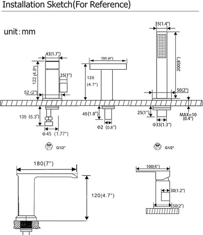 Roman Tub Faucet with Hand Shower, Deck Mount 3 Hole Bath Tub Faucet Set Bathtub Faucet with Handheld Sprayer, Brushed Nickel - Image 6