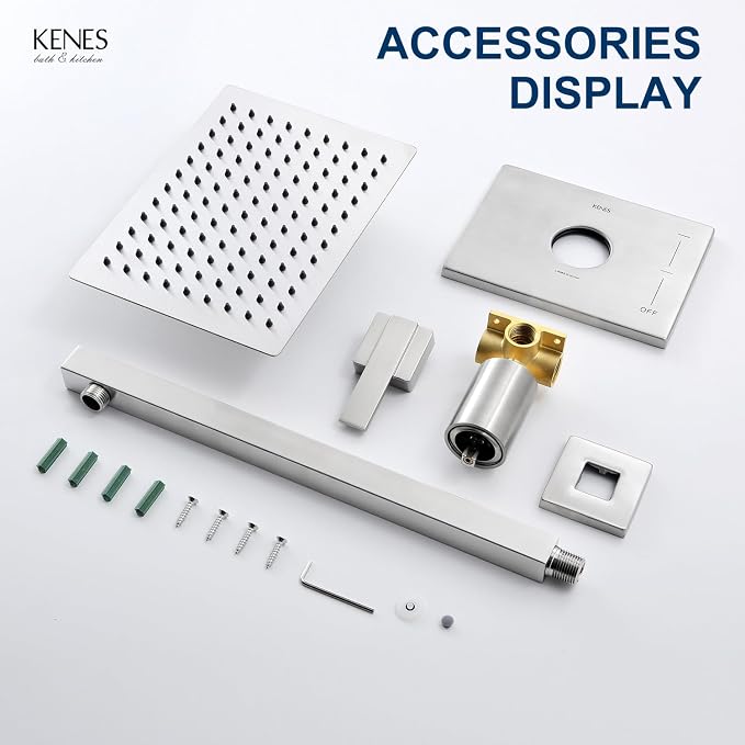 KENES Brushed Nickel 10-Inch Shower Head and Handle Set, Square Shower Faucet Set Bathroom Rainfall Shower System Wall Mount, KE-6024B (Shower Valve Included) - Image 8