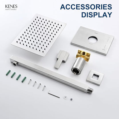 KENES Brushed Nickel 10-Inch Shower Head and Handle Set, Square Shower Faucet Set Bathroom Rainfall Shower System Wall Mount, KE-6024B (Shower Valve Included) - Image 8