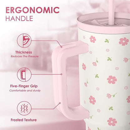 Floral 40oz Tumbler with Handle and Straw – Flowers Insulated Stainless Steel Travel Coffee Mug for Women Girls - Gift Idea for Birthday Christmas Mothers Day - Image 3