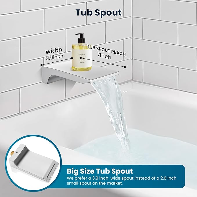 gotonovo Shower System with Tub Spout,Waterfall Tub Shower Faucet Set for Bathroom Head and Handle Set Wall Mounted 3 Function Rough-in Valve and Trim Included 10 inch Shower Head Polished Chrome - Image 5