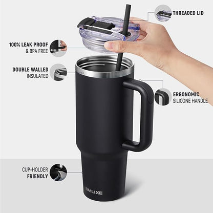 40 oz Tumbler with Handle and Straw Lid,Insulated Reusable Stainless Steel Water Bottle Travel Mug，Cupholder Friendly Double Wall Vacuum Sealed Cup (Black) - Image 2