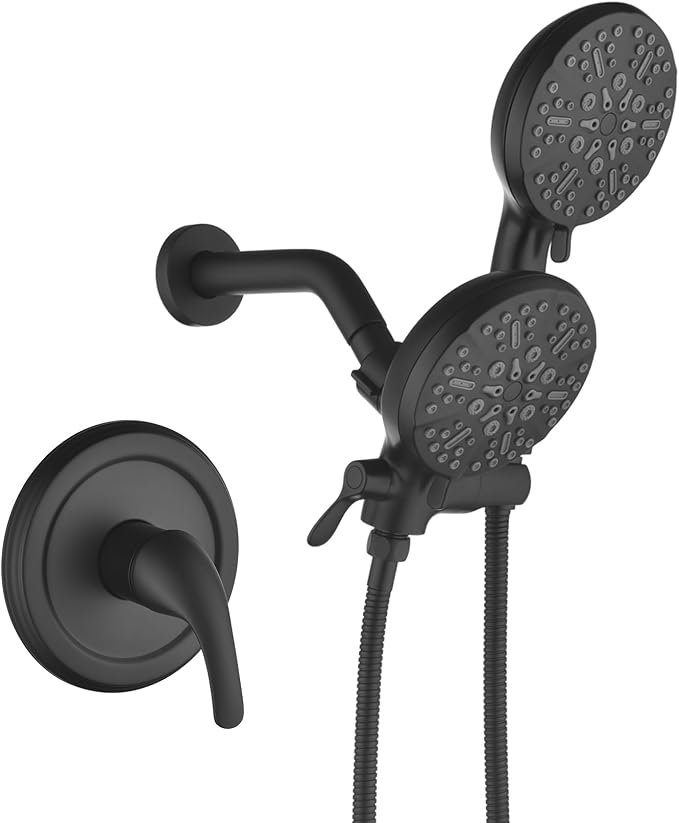 Taplong Shower Faucet Set Dual 2 in 1 Shower Head Kit High Pressure Combo Shower System 7 Modes ABS Handheld Spray Shower Trim Kit Combo Set Shower Fixtures Dual Shower Head Combo,Matte Black-TP038A by TapLong