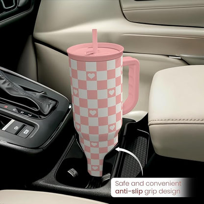 40oz Checkered and Heart Tumbler with Handle and Straw - Insulated Stainless Steel Travel Coffee Mug for Women Girls, Gift for Birthday, Christmas - Image 8