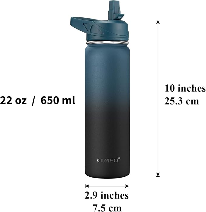 CIVAGO 22 oz Insulated Water Bottle With Straw, Stainless Steel Sports Water Flask Cup with 3 Lids (Straw, Portable Spout and Handle Lid), Double Walled Travel Thermal Canteen Mug, Dark Night - Image 4