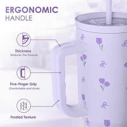 Floral 40oz Tumbler with Handle and Straw – Tulip Insulated Stainless Steel Travel Coffee Mug for Women Girls, Floral Gift Idea for Birthday Christmas Mothers Day - Image 3