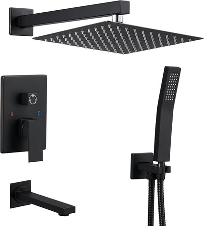 ROVOGO Bathtub Shower Faucet Set with Valve, Shower System with Tub Spout, 10-in. Rain Shower and Handheld, Square Shower Fixtures All Metal Wall Mount, Black by ROVOGO
