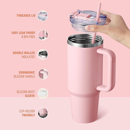 COKTIK 40 oz Tumbler With Handle and Straw, Insulated Tumbler With Leakproof Lids, Stainless Steel|BPA-Free, Cold for 24 H (Blush) - Image 3