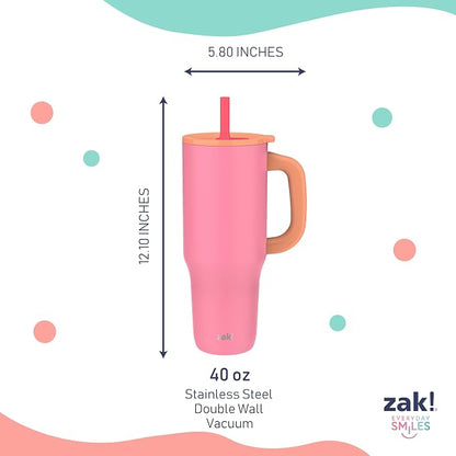 Zak Designs Sutton Travel Tumbler for On the Go, 40oz Stainless Steel with Vacuum Insulation, Silicone Straw, and Carry Handle for Cold Drinks (So Sweet Pink) - Image 7