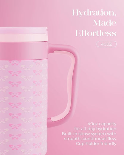 40 oz Insulated Tumbler with Handle and Push-Button Straw Lid, Stainless Steel Travel Cup for Gym Office, Leakproof, BPA-Free, Cup Holder Friendly, Bow Silicone Boot, Pink (Coquette Candy) - Image 5