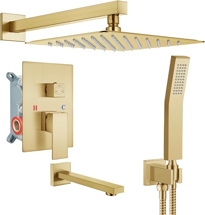 gotonovo Shower System with Tub Spout Wall Mounted Rain Shower Head and Handle Combo Shower Faucet Set with Valve, 10 Inch, Brushed Gold by HOME