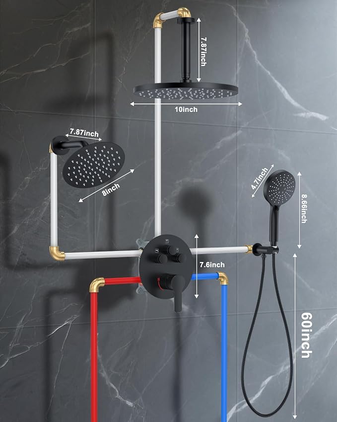 Shower System with Pressure Balance Valve, 10" Ceiling Mount Shower Faucet Set with 2 Rain Shower Head And Multi-function Handheld Head Push Button Diverter Pressure Balancing Valve Kit, Matte Black - Image 6
