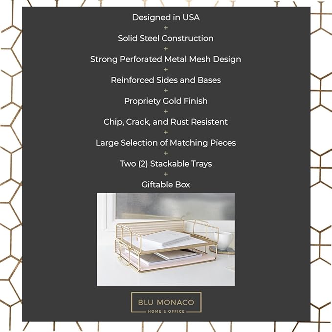 BLU MONACO | Paper Tray Stackable Gold Mesh Set of 2 | Stackable File Trays - Image 3