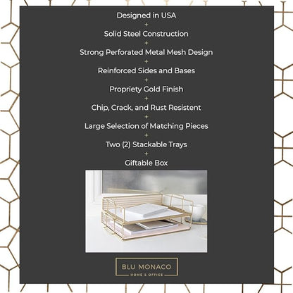 BLU MONACO | Paper Tray Stackable Gold Mesh Set of 2 | Stackable File Trays - Image 3