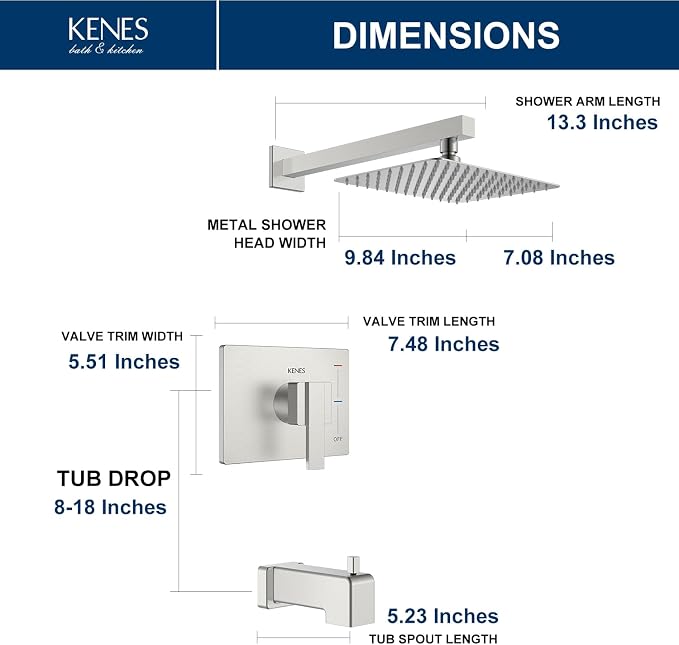 KENES Brushed Nickel Tub Shower Faucet Set Complete, Tub and Shower Trim Kit with 10-Inch Rain Shower Head, Square Shower System, KE-6024A (Shower Valve Included) - Image 6