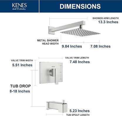 KENES Brushed Nickel Tub Shower Faucet Set Complete, Tub and Shower Trim Kit with 10-Inch Rain Shower Head, Square Shower System, KE-6024A (Shower Valve Included) - Image 6