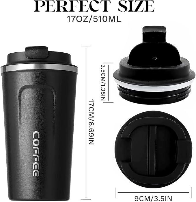 YINBAOGE Insulated Travel Coffee Mug, Spill & Leak Proof, Portable To Go Camping Stainless Steel Coffee Tumbler, Reusable Thermal Coffee Cup with Lid for Hot & Cold Drinks (2nd-Black, 17 OZ) - Image 4