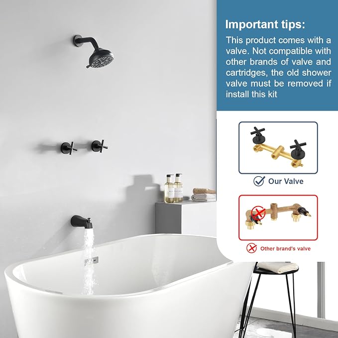 2 Handle Shower Faucet Set with Tub Spout Bathtub Shower Faucet Combo Set Shower System Complete Tub and Shower Trim Kit Matte Black Wall Mounted Shower Fixtures - Image 2
