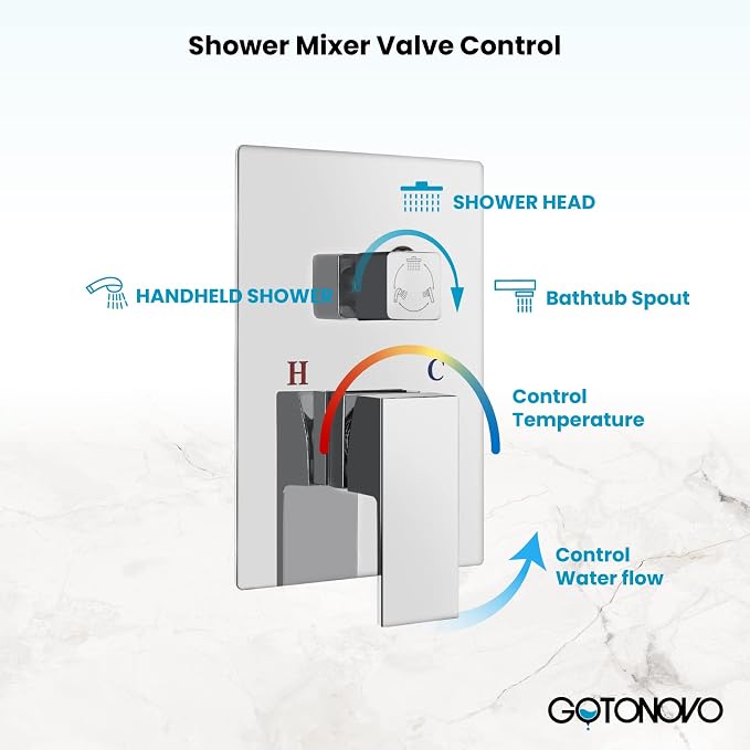 gotonovo Rainfall Tub Shower Faucet Set Bathroom Shower System with Tub Spout Wall Mount Square High Pressure Shower Fixtures with Handheld Sprayer Rough-In Valve 10'' Shower Head,Polished Chrome - Image 6