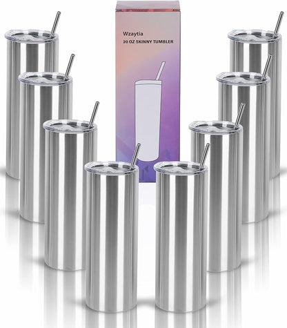8 Pack 20 Oz Straight Skinny Tumblers, Individually Gift Boxed Stainless Steel Slim Skinny Tumbler Set Bulk, 20 Oz Insulated Slim Thin Travel Tumbler Cup for Diy, Silver by Wzaytia