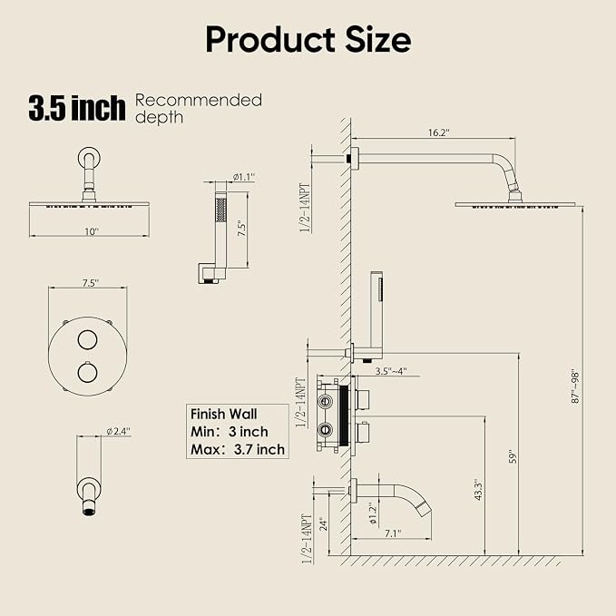 Gabrylly Thermostatic Shower System with Tub Spout, All Metal Bathtub Shower Faucets Set with Anti Scald Shower Valve, High Pressure 10" Rain Shower head with Handheld Spray Combo, Matte Black - Image 9