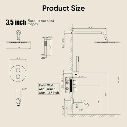 Gabrylly Thermostatic Shower System with Tub Spout, All Metal Bathtub Shower Faucets Set with Anti Scald Shower Valve, High Pressure 10" Rain Shower head with Handheld Spray Combo, Matte Black - Image 9