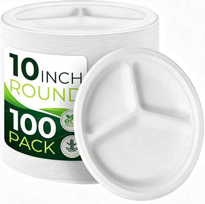 100PCS 100% Compostable 10in Paper Plates, 3 Compartment Heavy Duty Disposable by Birchio