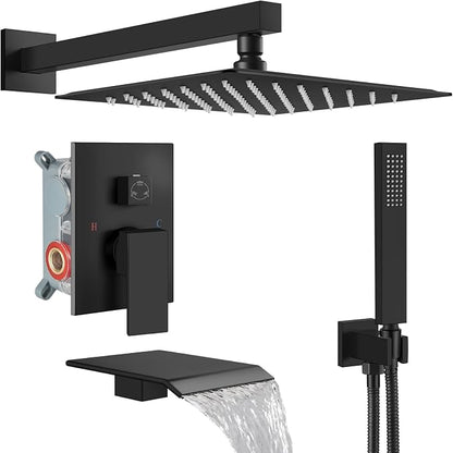 Midanya Rain Shower System with Tub Spout,Tub Shower Faucet Set with rainfall Shower Head and Handheld Spray,Wall Mount Tub Shower Combo Rough-in Valve Included,10 Inch Matte Black by Midanya