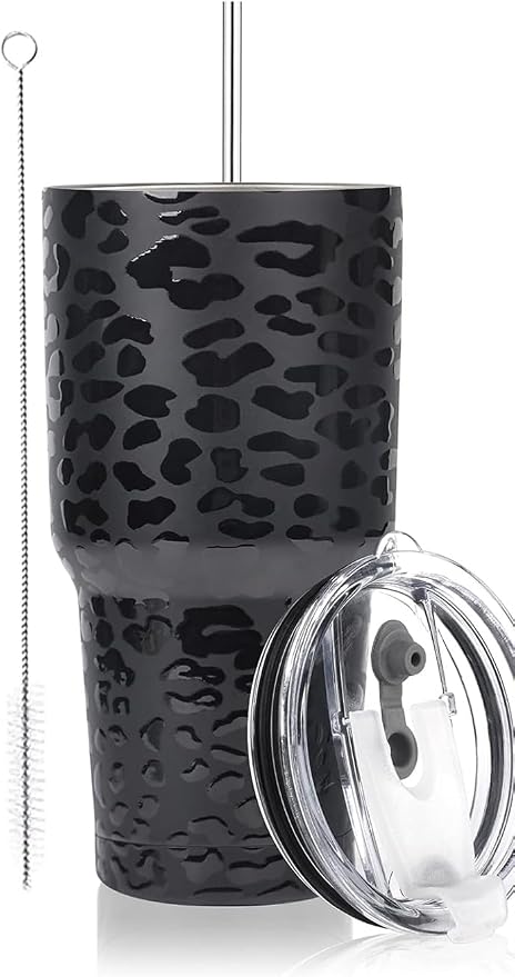 D·S 30oz Black Leopard Tumbler Stainless Steel Insulated Travel Mug with Straw Lid Cleaning Brush by D%C2%B7STUMBLER
