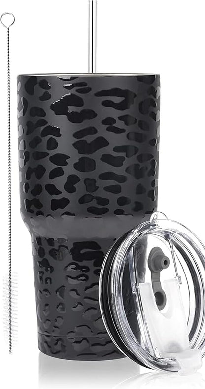 D·S 30oz Black Leopard Tumbler Stainless Steel Insulated Travel Mug with Straw Lid Cleaning Brush by D%C2%B7STUMBLER