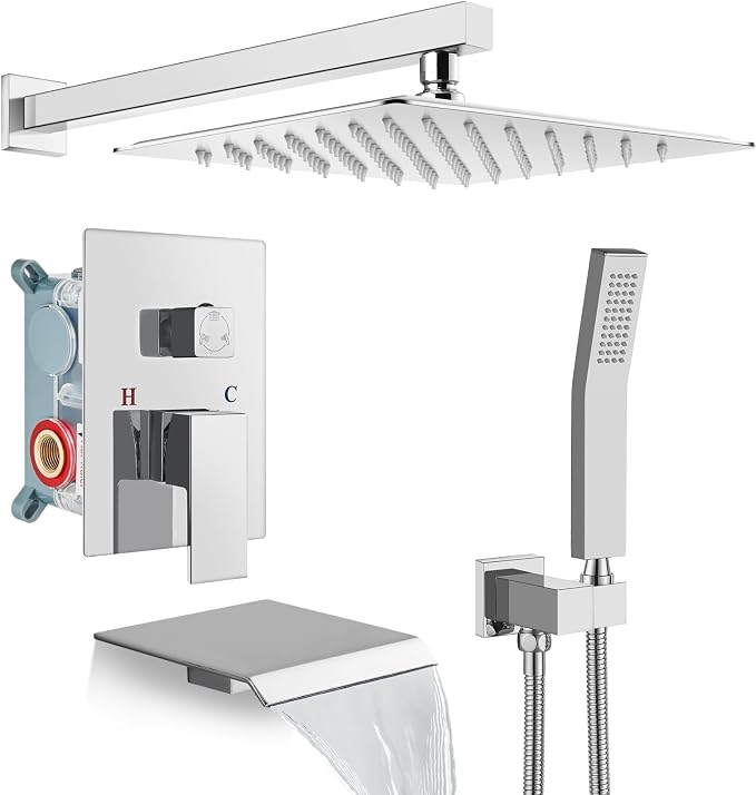 gotonovo 10'' Rain Shower Faucet System Rainfall Shower Head with Handheld Sprayer Waterfall Tub Spout Wall Mounted Mixer Combo Rough-in Valve and Trim Included 5.7 Inch Wide Spout Polished Chrome by HOME