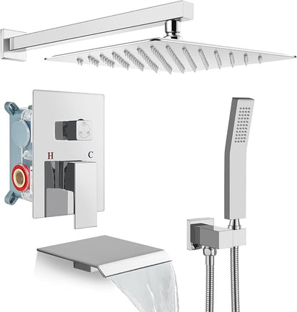 gotonovo 10'' Rain Shower Faucet System Rainfall Shower Head with Handheld Sprayer Waterfall Tub Spout Wall Mounted Mixer Combo Rough-in Valve and Trim Included 5.7 Inch Wide Spout Polished Chrome by HOME
