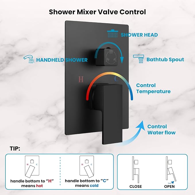 gotonovo 10'' Rain Shower Faucet System Rainfall Shower Head with Handheld Sprayer Waterfall Tub Spout Wall Mounted Mixer Combo Rough-in Valve and Trim Included 5.7 Inch Wide Spout Matte Black - Image 9