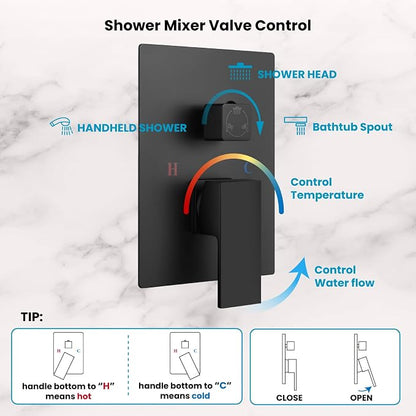 gotonovo 10'' Rain Shower Faucet System Rainfall Shower Head with Handheld Sprayer Waterfall Tub Spout Wall Mounted Mixer Combo Rough-in Valve and Trim Included 5.7 Inch Wide Spout Matte Black - Image 9