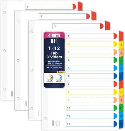 H4D 12 Tab Dividers for 3-Ring Binder, Numbered 1-12 Multicolor Tabs by H4D