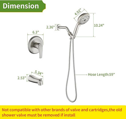 Tub Shower Faucet Set with 10 Spray Handheld Shower Brushed Nickel Shower Head and Handle Set Shower System with Tub Spout 4.7 Inch Shower Handheld Shower Fixtures Tub and Shower Trim Kit - Image 7