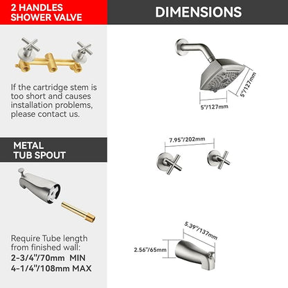 2 Handle Shower Faucet Set with Tub Spout 6-Spray Shower Head and Handle Set Shower Trim Kit with Rough-in Valve Bathroom Shower Faucet Valve Trim Kit Brushed Nickel - Image 3