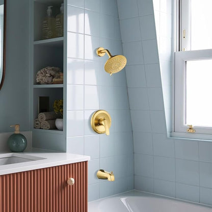 Shower Faucet with Valve, Bathroom Tub Shower Faucet Kit, Single Handle Rain Shower Head with Tub Spout, Solid Brass Shower Tub Faucet Set Complete, Bathtub Faucet with Shower, Brushed Gold - Image 6