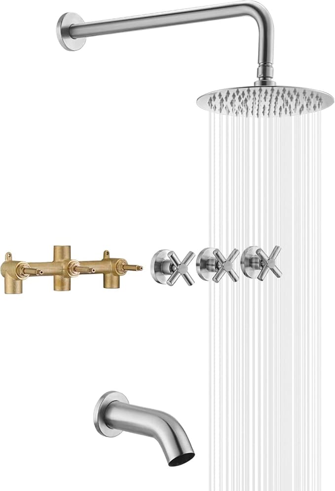 Tub and Shower Faucet Set 3 Handle with Valve Brushed Nickel High Flow Waterfall Tub Spout and Rain Shower Head SUMERAIN by SUMERAINFAUCETS