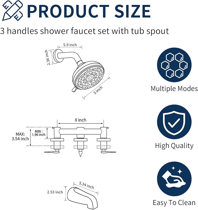 3 Handles Shower Faucet Set with Tub Spout Bathtub Shower Faucet Combo Set Shower System Complete Tub and Shower Trim Kit Brushed Gold Shower Set - Image 7