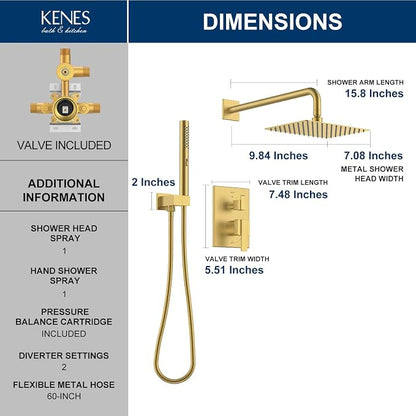 KENES Brushed Gold Rainfall Bathroom Shower System Rain Shower Head and Handle Set, Shower Faucet Set with 10-Inch Rain Showerhead and Handheld Spray, (Shower Valve Included), LJ-6026A-4 - Image 6
