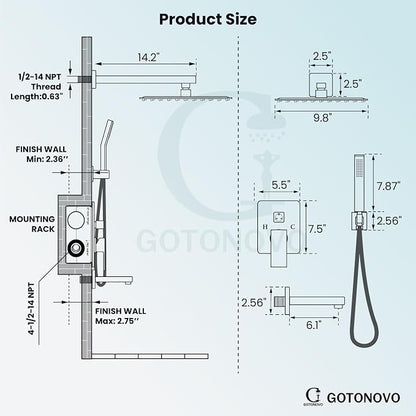 gotonovo Shower System with Tub Spout Wall Mounted Rain Shower Head and Handle Combo Shower Faucet Set with Valve, 10 Inch, Brushed Nickel - Image 4