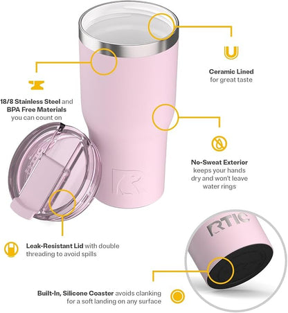 RTIC 30oz Essential Tumbler with Lid, Ceramic Lined, Insulated, Stainless Steel, Metal, Double Wall Vacuum-Insulation, Travel Cup for Iced Coffee, Tea, Hot and Cold Drink, Pale Pink - Image 3