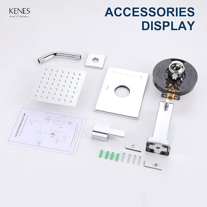 KENES Chrome Tub and Shower Trim Kit, Square Tub Shower Faucet Set Complete with 6-Inch Rainfall Shower Head and Tub Spout, KE-6025A-5 (Shower Valve Included) - Image 9